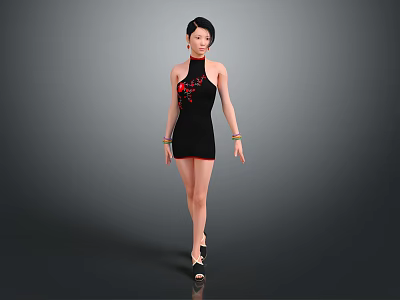 Female Game and Movie Character in Black High Neck Dress with Red Patterns and Bracelets 3d model