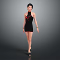 Female Game and Movie Character in Black High Neck Dress with Red Patterns and Bracelets