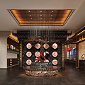 Traditional Chinese Restaurant Interior With Wooden Ceiling Red Drums Wine Racks Counter And Chandeliers