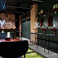 Young Blood Cafe Interior With Art Paintings Pendant Lights Blue Chairs And Green Floor Decor