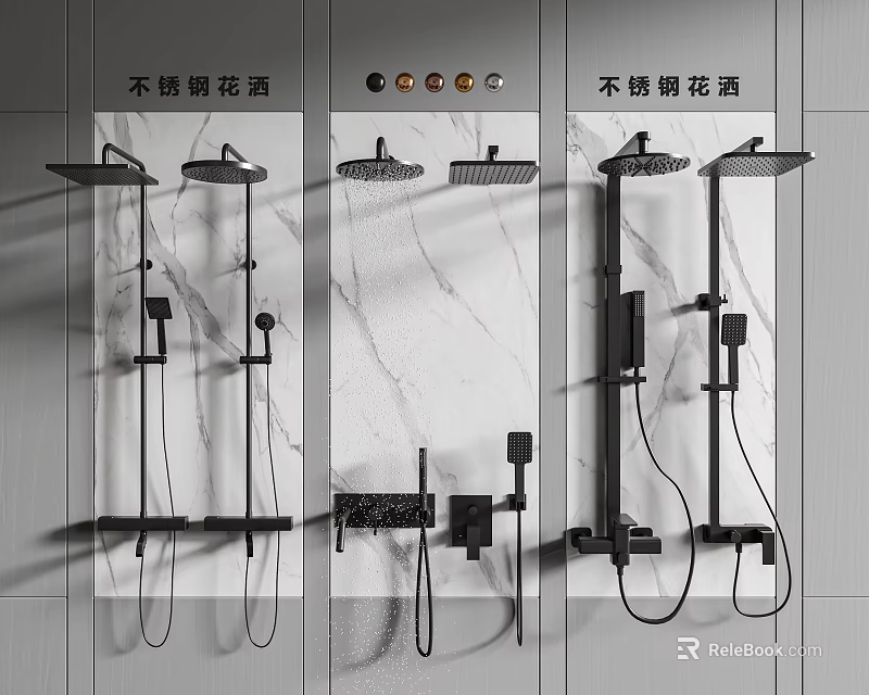Stainless Steel Shower System With Top And Handheld Sprays On Marble Wall Background 3d model 