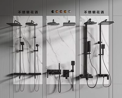 Stainless Steel Shower System With Top And Handheld Sprays On Marble Wall Background 3d model