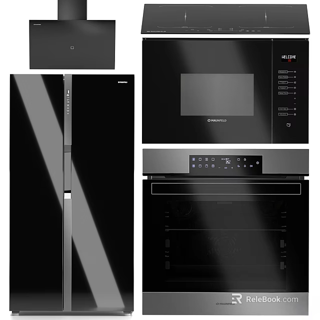 Modern Black Kitchen Appliances Featuring Refrigerator Microwave Oven And Glass Doors 3d model 