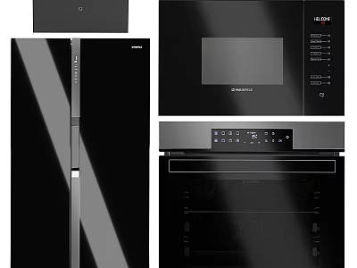 Modern Black Kitchen Appliances Featuring Refrigerator Microwave Oven And Glass Doors 3d model