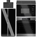 Modern Black Kitchen Appliances Featuring Refrigerator Microwave Oven And Glass Doors