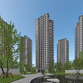 Modern High Rise Residential Buildings Surrounded by Green Trees Under Clear Blue Sky
