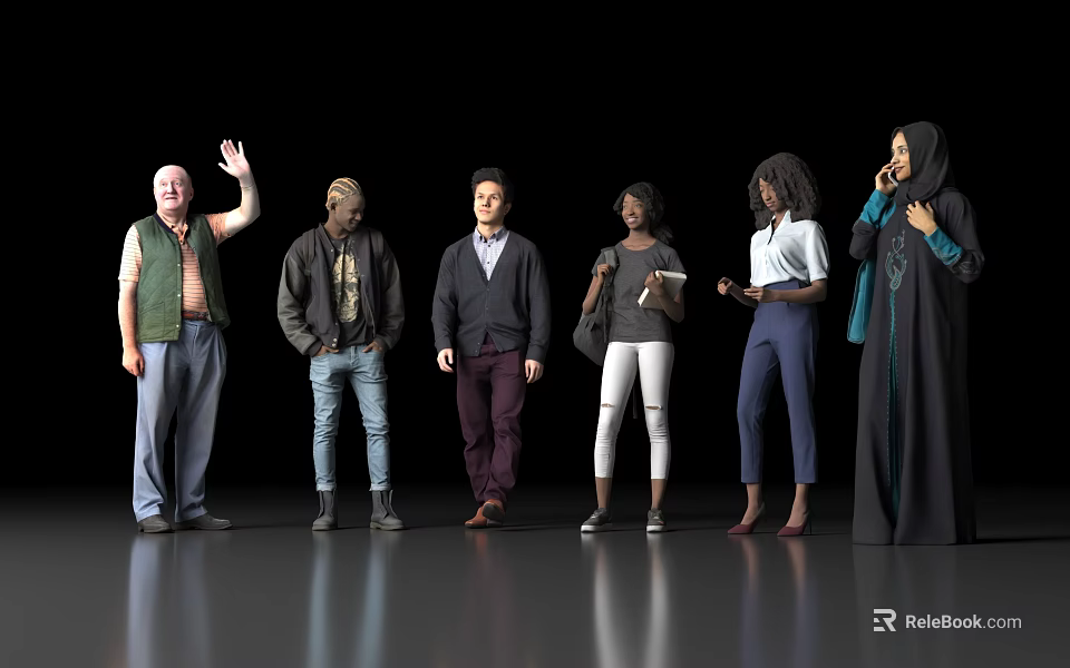 Diverse Group of People Standing Together on Gray Floor with Dark Background 3d model 