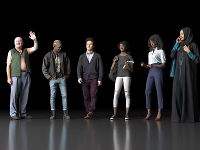 Diverse Group of People Standing Together on Gray Floor with Dark Background 3d model