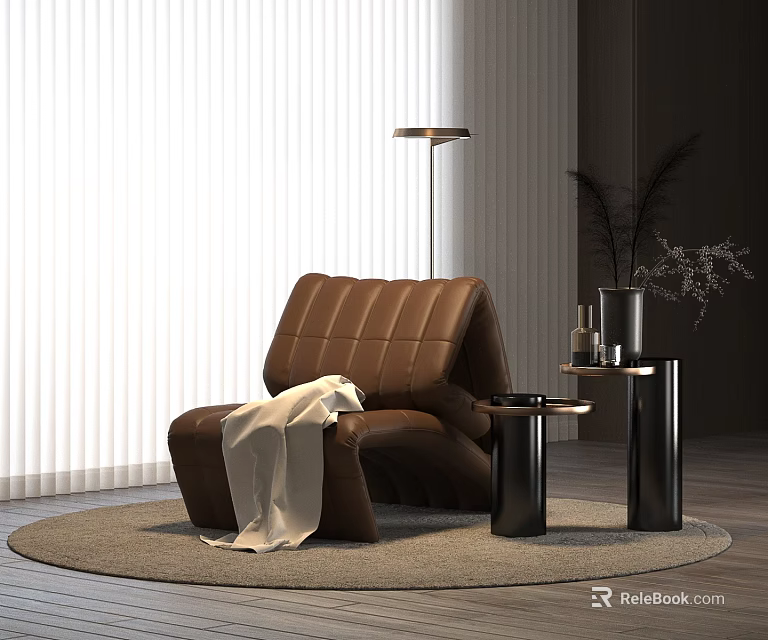 Brown Single Sofa with White Blanket Floor Lamp Small Round Side Tables and Round Rug 3d model 
