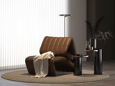 Brown Single Sofa with White Blanket Floor Lamp Small Round Side Tables and Round Rug 3d model