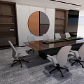 Modern Conference Room With Large Screen White Chairs Wooden Bookshelves And Circular Decor