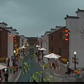 Traditional Chinese Commercial Street with Canal Lanterns Shops Pedestrian Walkway and Flower Decorations