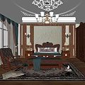 Luxurious Bedroom Interior Featuring Dark Wooden Furniture Carved Headboard Chandelier Rocker Chair And Rug