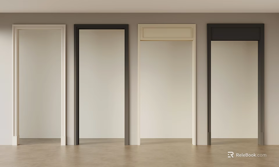 Different Interior Door Designs With Various Frame Colors In White Wall Room With Wooden Floor 3d model 
