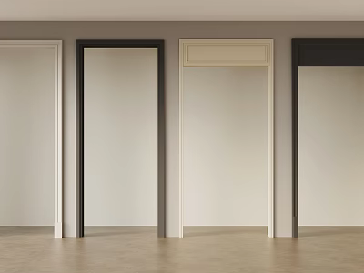 Different Interior Door Designs With Various Frame Colors In White Wall Room With Wooden Floor 3d model
