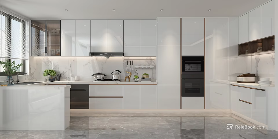 Modern Kitchen Interior With White Cabinets Marble Countertops Island And Appliances 3d model 