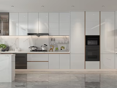 Modern Kitchen Interior With White Cabinets Marble Countertops Island And Appliances 3d model