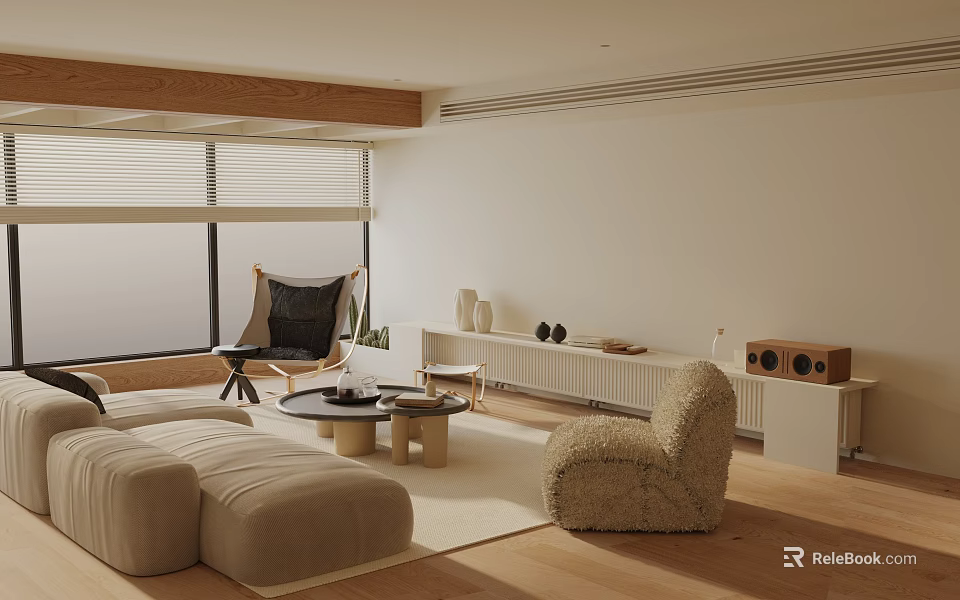 Modern Minimalist Living Room Interior With Beige Sofa Wooden Floor Blinds And White TV Console 3d model 