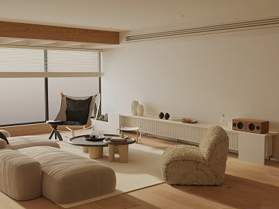 Modern Minimalist Living Room Interior With Beige Sofa Wooden Floor Blinds And White TV Console 3d model