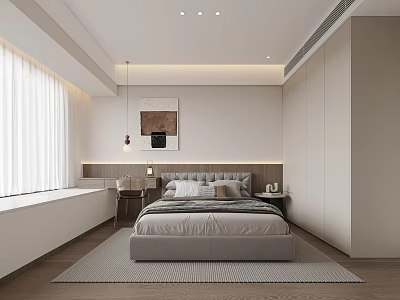 Modern Bedroom With Comfortable Bed Wooden Floor Large Window Curtains Rug And Wall Art 3d model