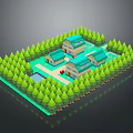 Scenic Residential Landscape With Green Trees Blue Roof Houses Small Pond And Pathways