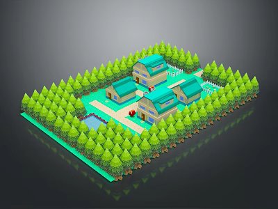 Scenic Residential Landscape With Green Trees Blue Roof Houses Small Pond And Pathways 3d model