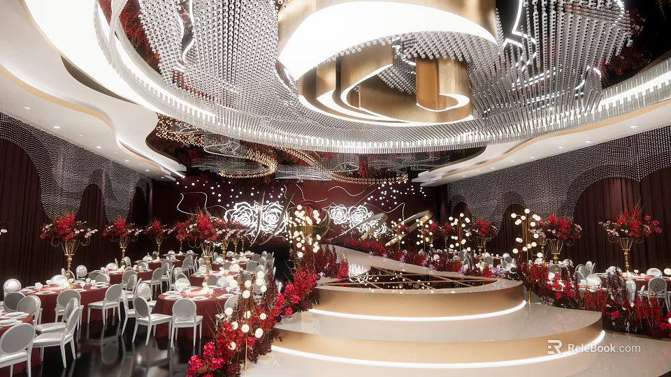 Luxurious Banquet Hall With Red Decorations Crystal Chandeliers Round Tables Fresh Flowers And Staircase Stage 3d model 