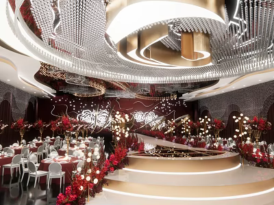 Luxurious Banquet Hall With Red Decorations Crystal Chandeliers Round Tables Fresh Flowers And Staircase Stage 3d model