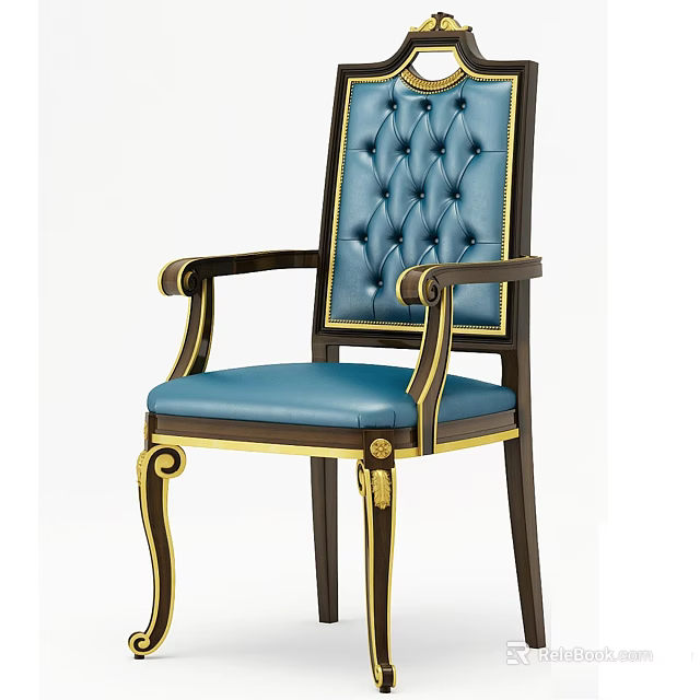 Blue Leather Armchair With Gold Accents And Tufted Back Classic Design 3d model 