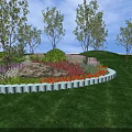 Colorful Flower Garden With Green Lawn Trees And Decorative Rocks