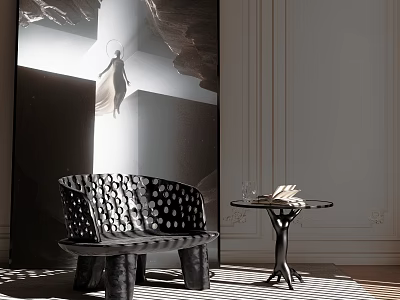 Modern Black And White Polka Dot Leisure Chair With Small Side Table In Bright Interior 3d model