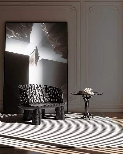 Modern Black And White Polka Dot Leisure Chair With Small Side Table In Bright Interior 3d model