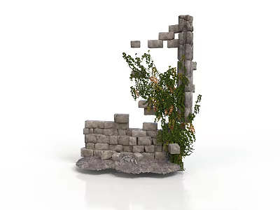 Incomplete Stone Wall Structure With Growing Green Vines And Natural Plants 3d model