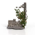 Incomplete Stone Wall Structure With Growing Green Vines And Natural Plants