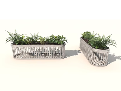Metal Lattice Garden Planters Featuring Rectangular And Curved Shapes With Green Ferns 3d model