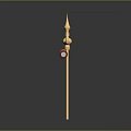 Ornate Golden Trident Weapon with Three Pronged Head Red Decorative Plaque and Shaft