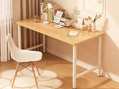 Light Wood Desk with Books Tablet Lamp Calendar and Tulips Vase Near White Chair 3d model