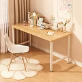 Light Wood Desk with Books Tablet Lamp Calendar and Tulips Vase Near White Chair