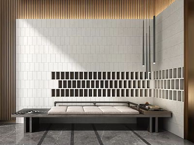 Modern Minimalist Daybed with Wooden Slat Accent White Tiled Wall and Hanging Pendant Lights 3d model