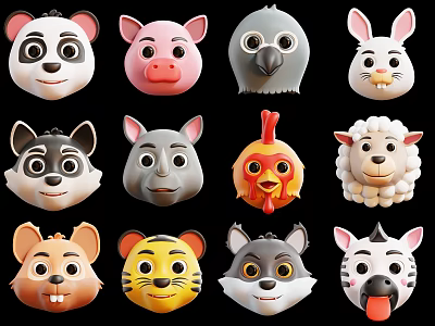 Cartoon Animal Head Panda Pigeon Rabbit Rhino Rooster Sheep Squirrel Tiger Wolf Zebra 3d model