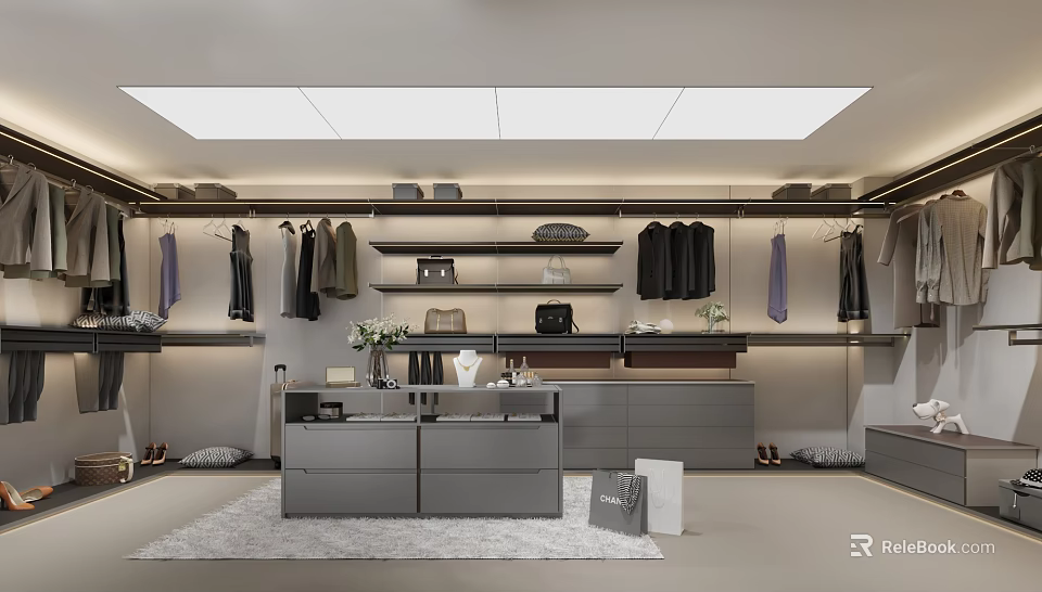 Modern Walk in Closet With Hanging Clothes Storage Shelves And Displays 3d model 
