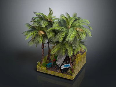 Modern Tropical Miniature Landscape With Palm Trees Thatched Hut And Pool 3d model
