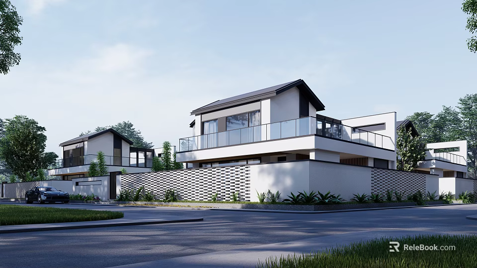 Modern Detached Villa Exterior With Glass Balcony White Facade And Lush Greenery 3d model 