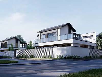 Modern Detached Villa Exterior With Glass Balcony White Facade And Lush Greenery 3d model