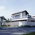Modern Detached Villa Exterior With Glass Balcony White Facade And Lush Greenery