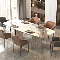 Stylish Rectangular Marble Top Dining Table With Brown And Black Leather Chairs In Modern Dining Room 3d model