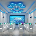 AI Knowledge Lecture Hall With Large Screen Computers Airplane Models And Hexagonal Lights 3d model