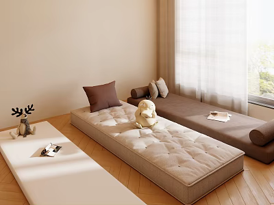 Minimalist Japanese Room Interior With Tatami Mat Brown Cushions And Window Bench 3d model