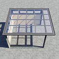 Modern Sunshade Structure With Metal Frame Glass Roof Beige Wall Tiled Floor And Blue Sky