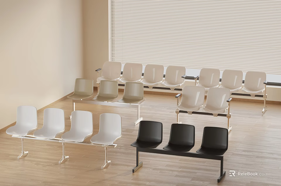 Modern Stackable Chairs in White Gray Black Arranged on Wooden Floor with Window Blinds 3d model